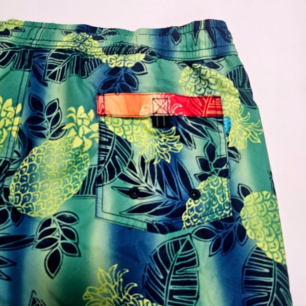Tommy Bahama Mens Blue Green Pineapple Tropical Print Swim Trunks Mesh Lined L